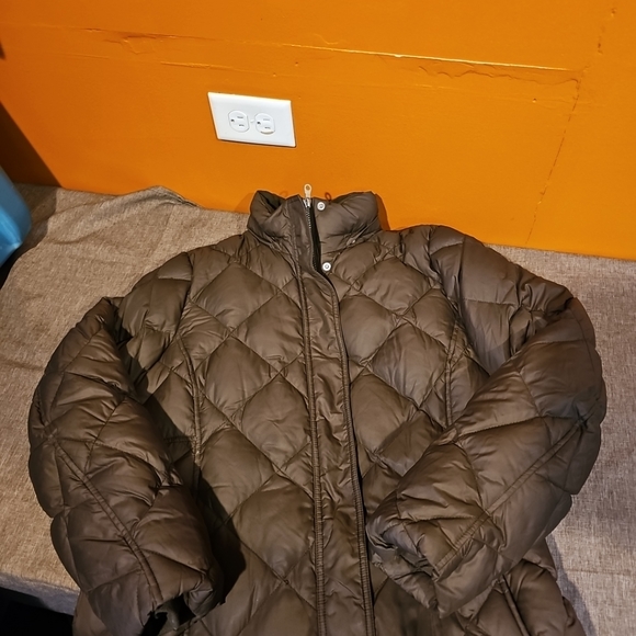 Eddie Bauer Puffer Jacket Womens Petite  Large Brown Long Down Nylon Parka - Picture 10 of 10